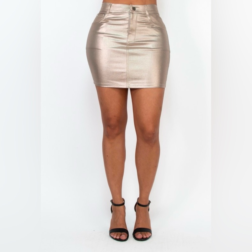Gold foil twill zip fly mini skirt